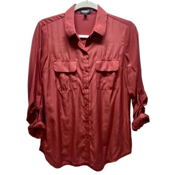 Express City Shirt Women’s Small Burgundy Button Up Blouse Roll Tab Sleeve EUC - Picture 1 of 5